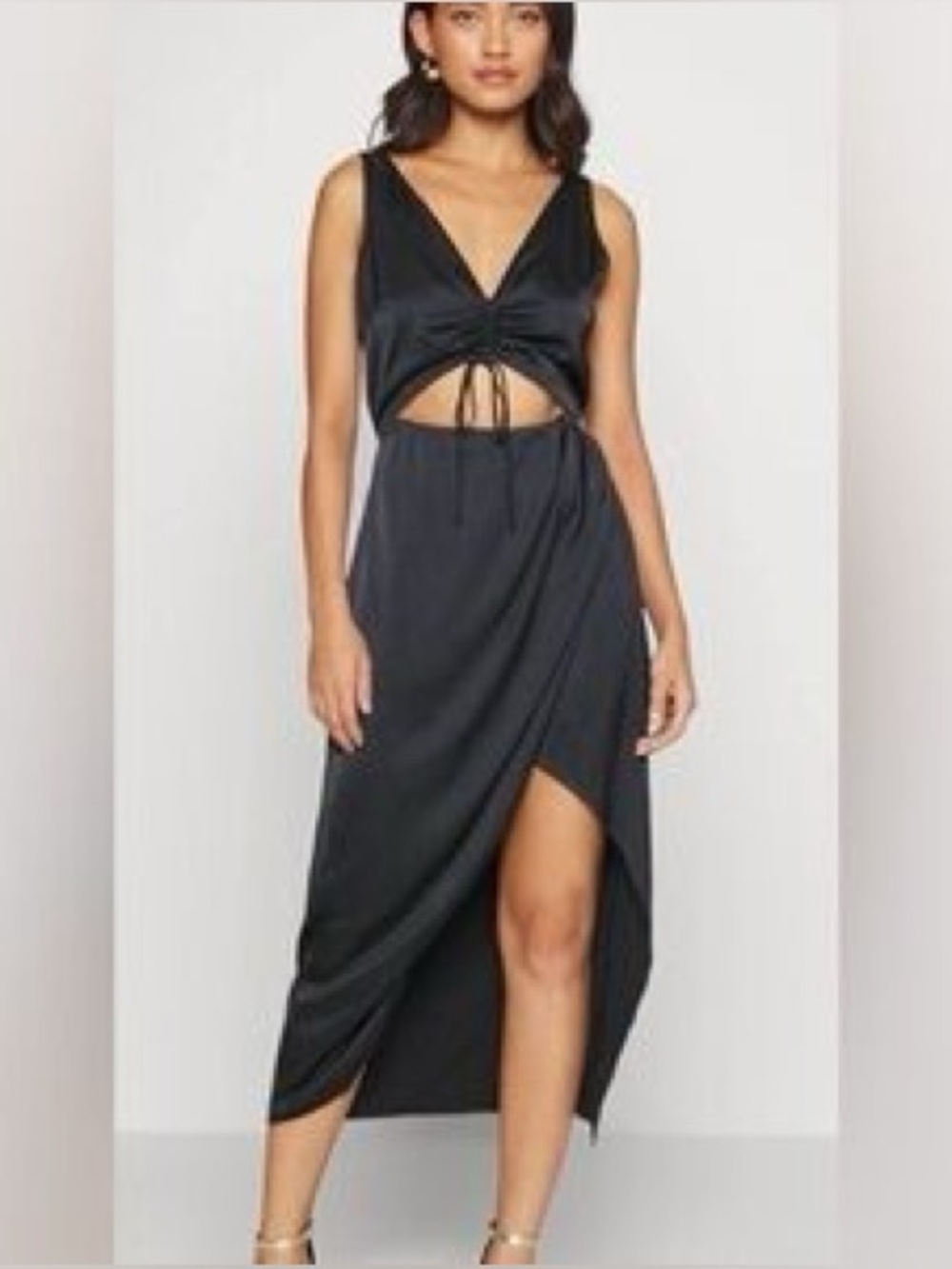 Abercrombie & Fitch Black Satin Cinch-Front Cutout Midi Dress Size XS